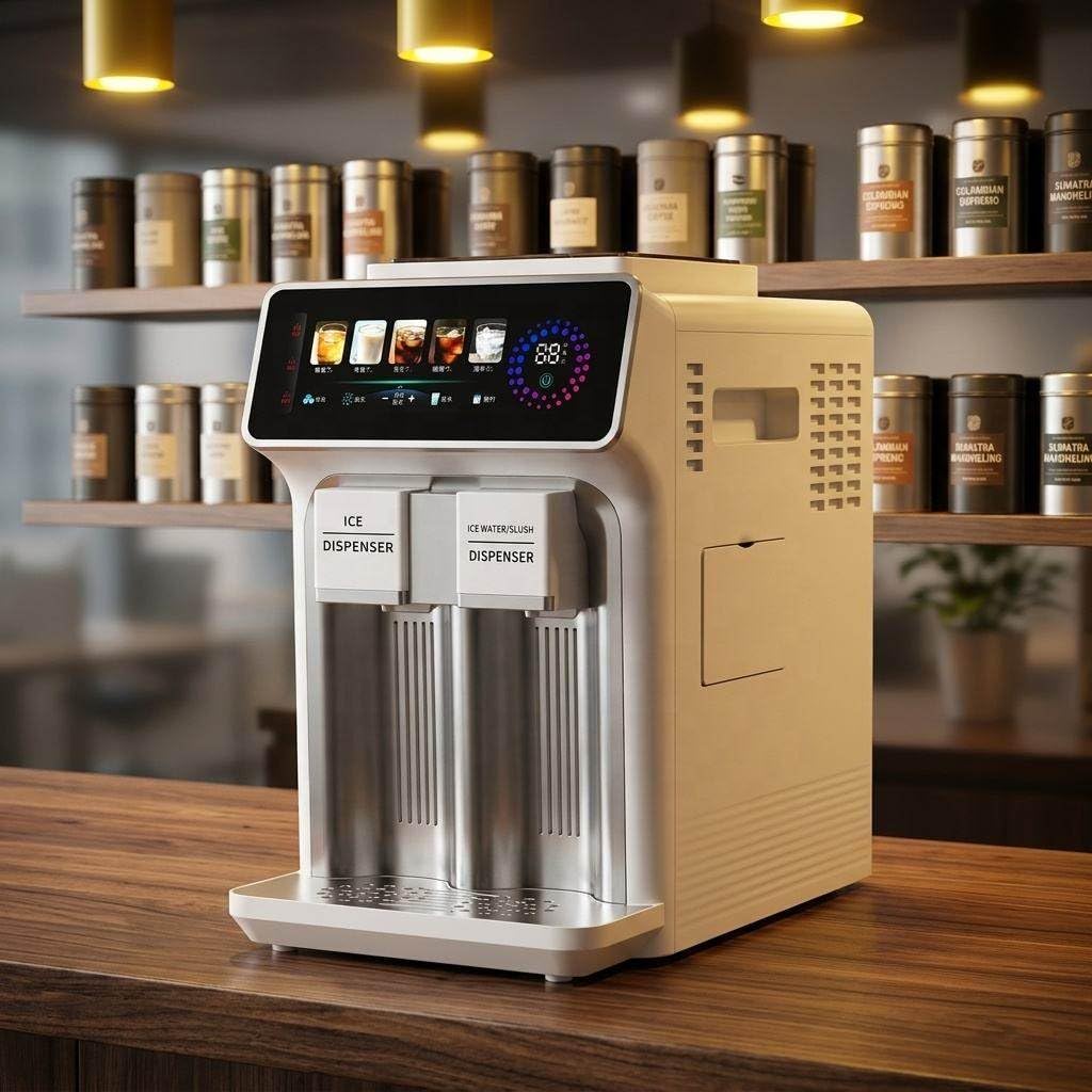Máquina de hielo de sobremesa con hielo picado y agua fría, depósito de 1,5 l, 12 cubitos en 6-10 minutos, 5 ajustes, control táctil, recarga automática.