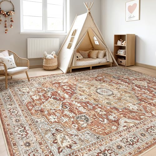 9x12 Area Rug Living Room: Machine Washable Boho Large Vintage Soft Rugs Stain Resistant Farmhouse Oriental Non Slip Indoor Floor Carpet for Bedroom Nursery Kids Playroom Office Dining Room- Red Brown