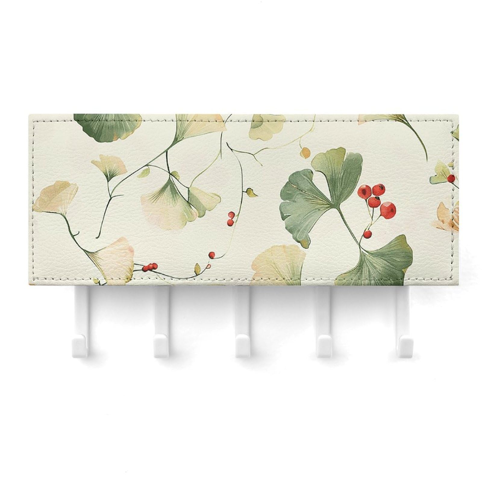 QMNLKH Ginkgo Leaves and Berries Wall Mounted Key Rack for Home, No Drilling Key Holder with 5 Hooks, Self Adhesive Keys Chain Organizer for Hallway, Keys Hanger Shelf for Office, Doorway White
