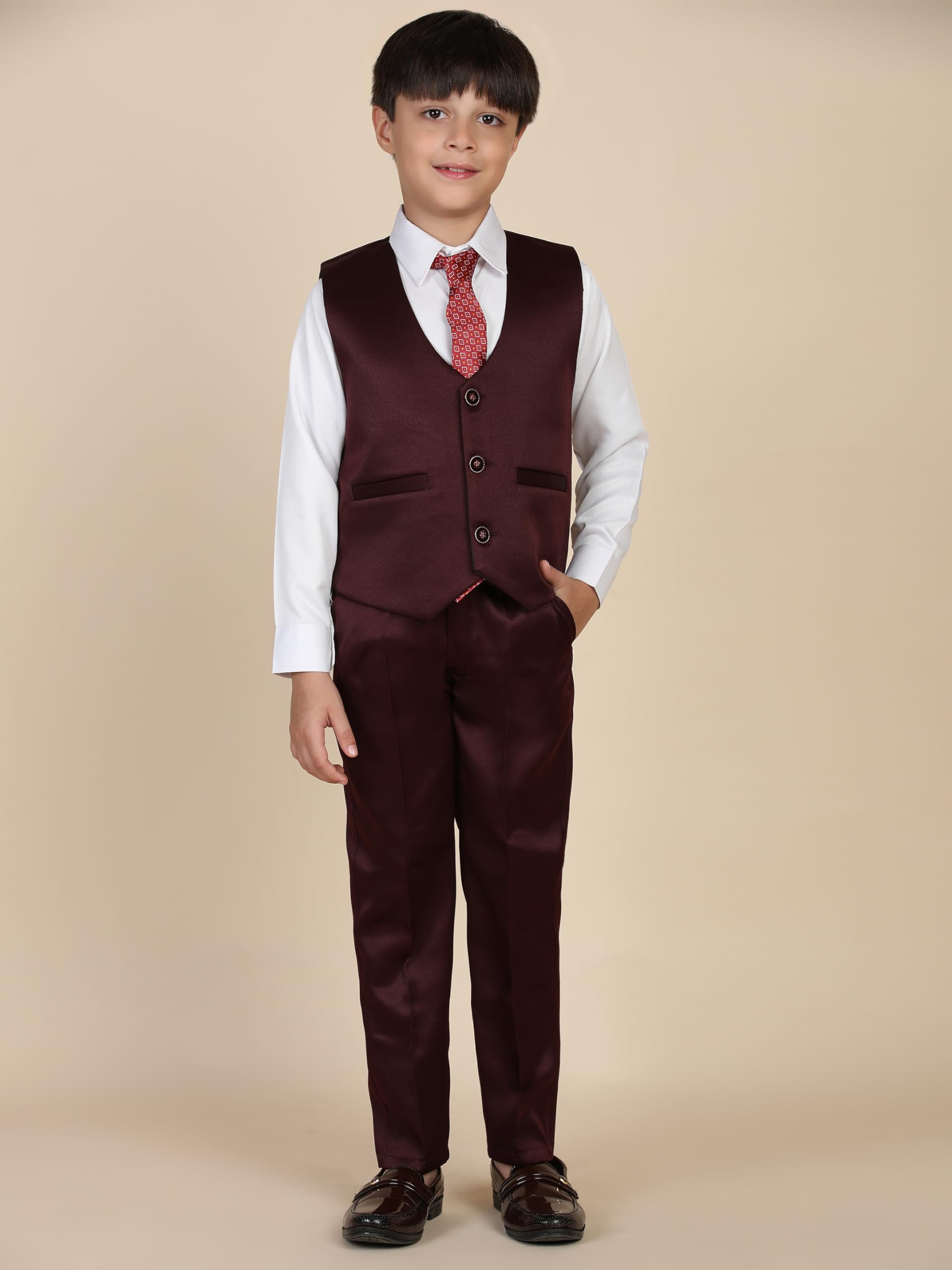 Pro-Ethic Style Developer Cotton 5 Piece Boys Suit Set for Kids Wedding Outfit | Set of Shirt, Regular Fit Pants, Coat, Waistcoat and Tie for Kids, Maroon, 13-14 Years - Image 6 thumbnail