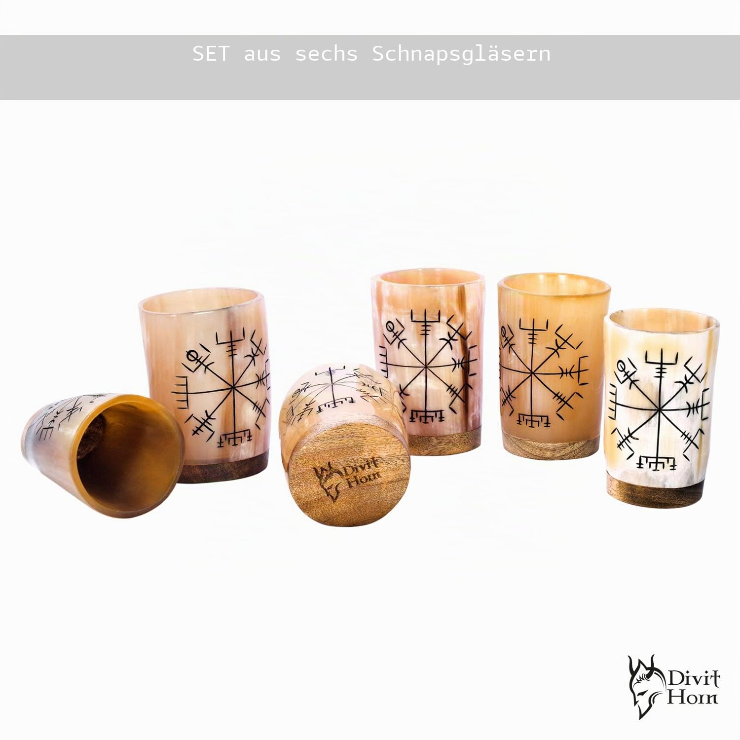 Divit Authentisches Horn-Schnapsgläser (6er-Set) mit Messing-Rand | Authentisches mittelalterliches Biertrinkhorn | Leinen-Geschenkbeutel inklusive | 148 ml (5 oz).