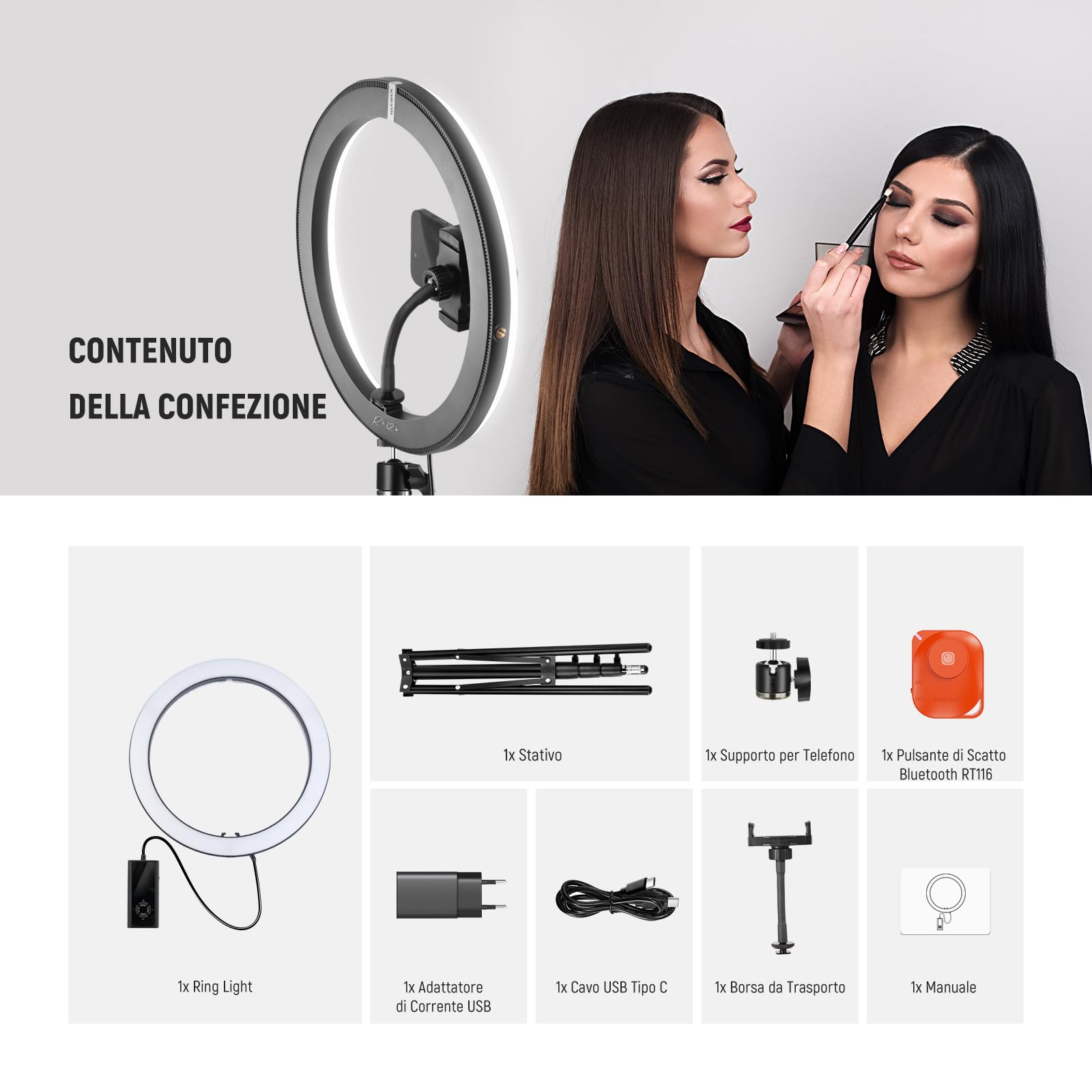 NEEWER LED Ring Light 24W 30cm z Treppiedem, Bicolore 2900-7000K, PD USB C, CRI97+, 1810lux/0,5m, RH12B K2