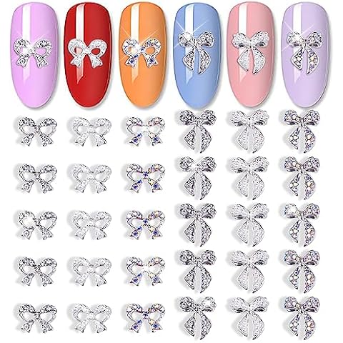 JERCLITY 30 Pieces Silver Bow Nail Charms Alloy Bow Charms Gems for Nails Bowknot Nail Studs Inlaid Pearl Clear Iridescent Rhinestone for Women Girls Nail Art Cover