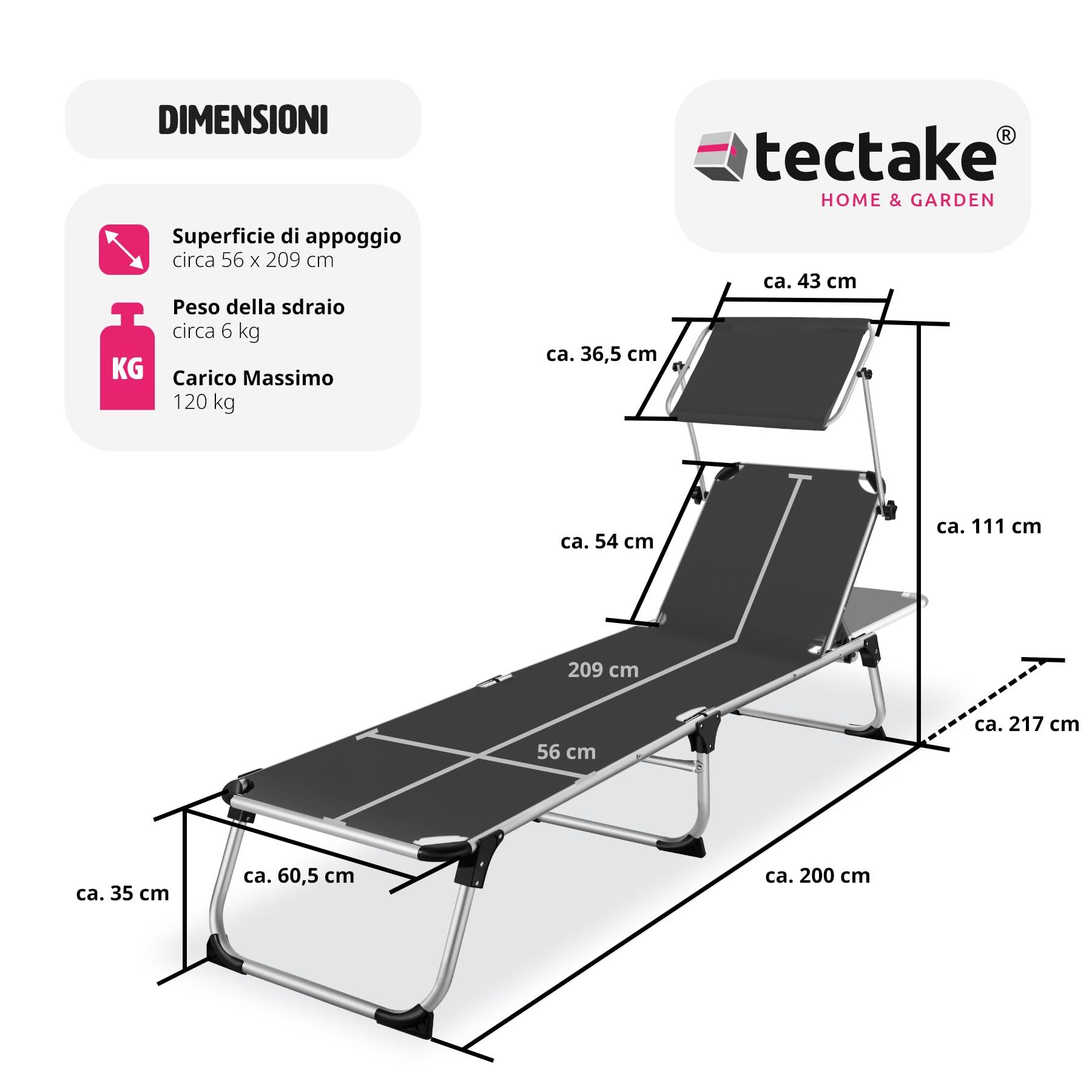 tectake® Sdraio da Spiaggia, Schienale Regolabile in 6 Posizioni, Parasole, Lettino Pieghevole e Trasportabile, Sdraio da giardino, Lettino Prendisole, Pratiche Maniglie (Nero)