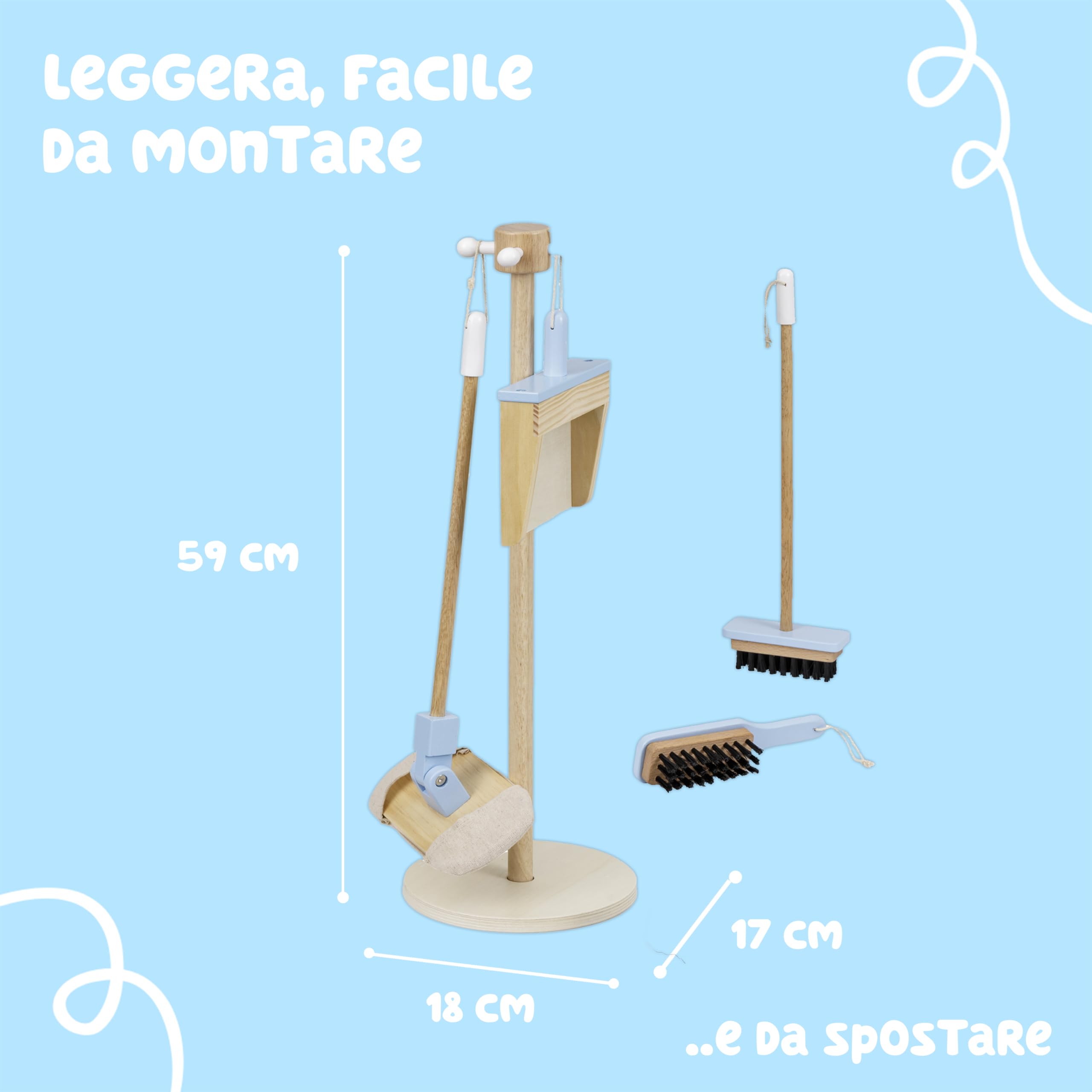 Baroni Toys Set Pulizia in Legno Montessori, 4 Pezzi con Supporto, Gioco Educativo per Bambini 3-6 Anni, Include Scopa, Paletta, Mocio e Spazzola, Facile da Montare e Leggero, 17x18x59 Cm
