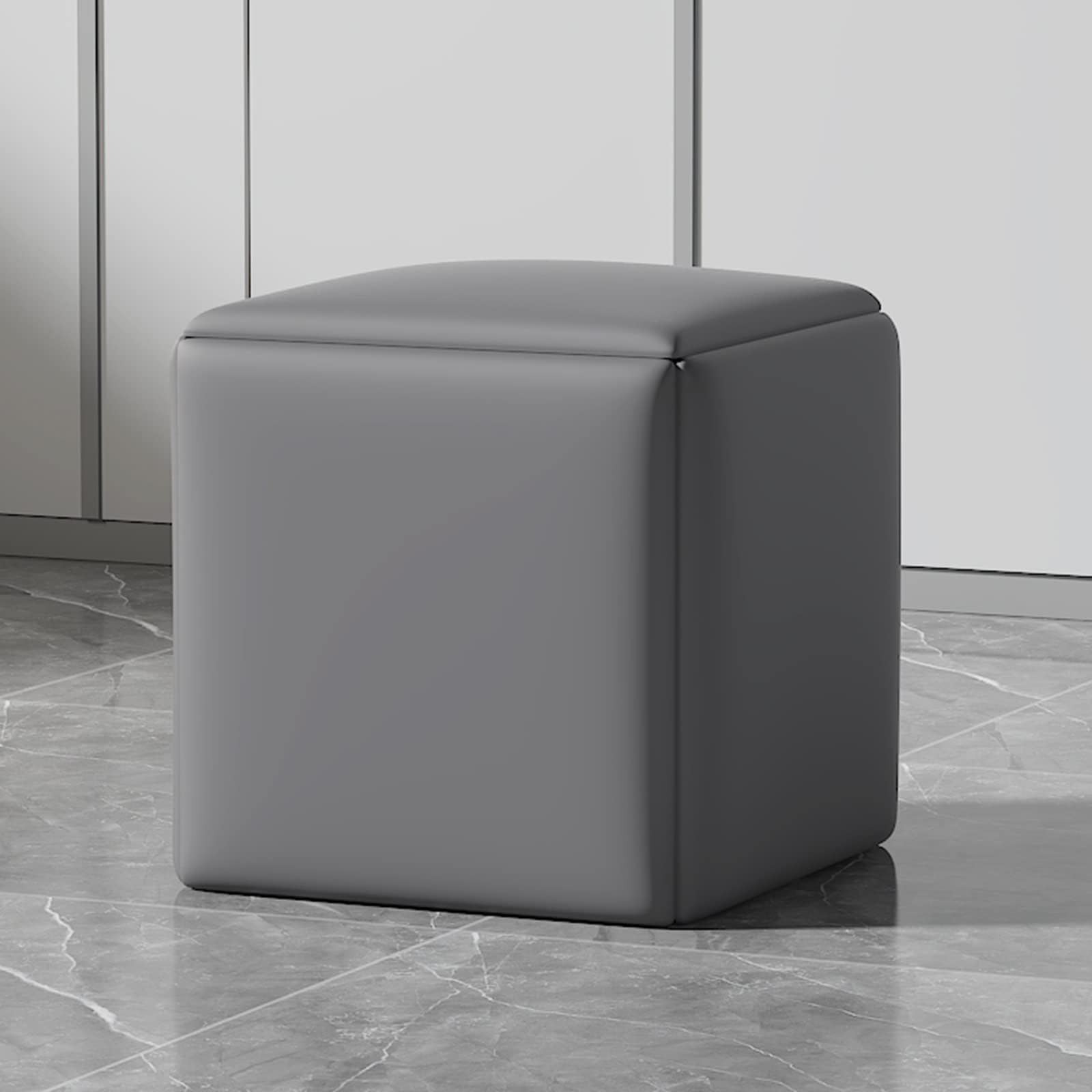 5-in-1 Grey Nesting Ottoman Cube Chair Stackable Leather Stools Foot Stool with Swivel Casters for Living Room & Dining Room 13.8" x 13.8" x 14"