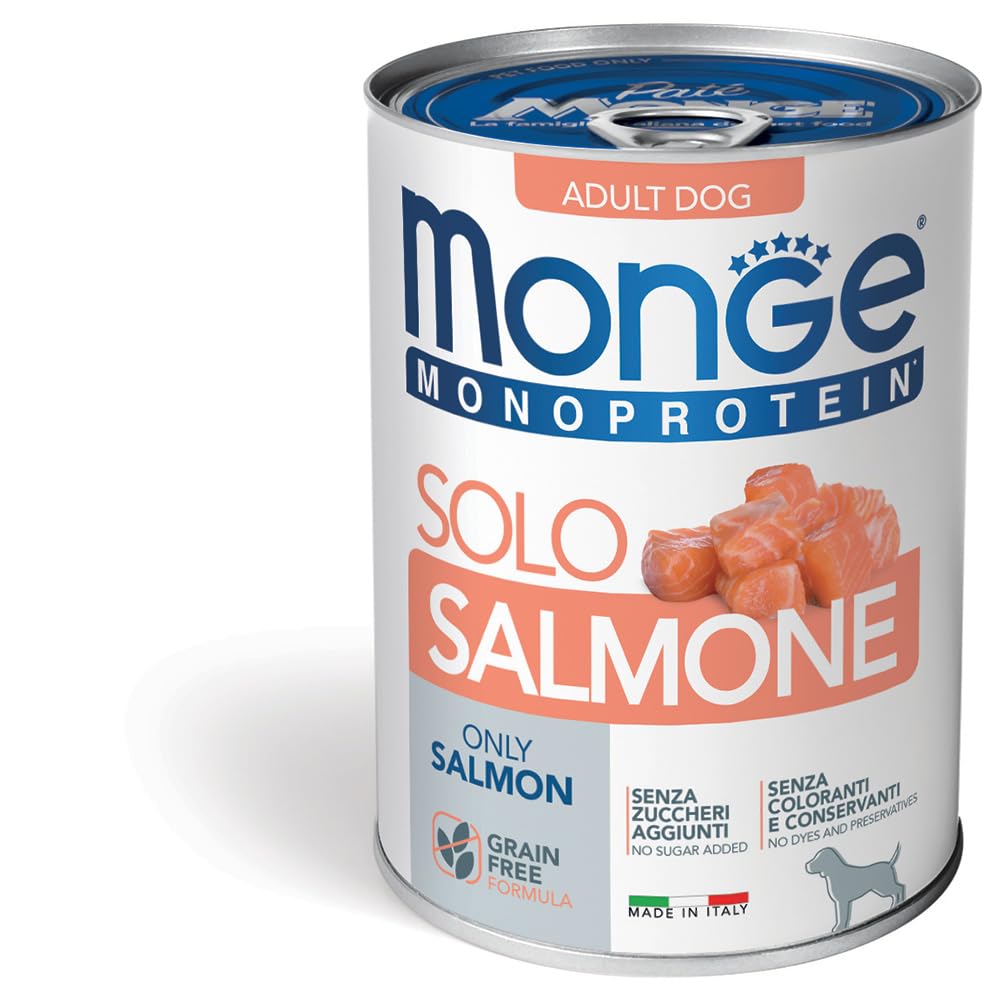 Monge Monoprotein Paté Solo Salmone per Cani Adulti, Grain Free, Senza Conservanti, 12 scatolette da 400 g