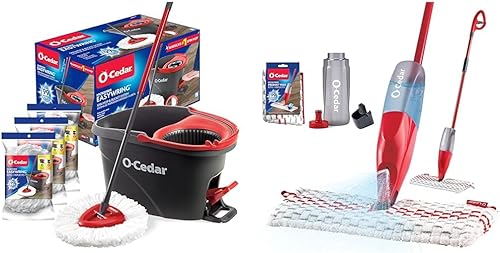 O-Cedar Easywring - Sistema de limpieza de suelos de microfibra giratoria y cubo con 3 recambios adicionales y mopa de microfibra ProMist MAX que