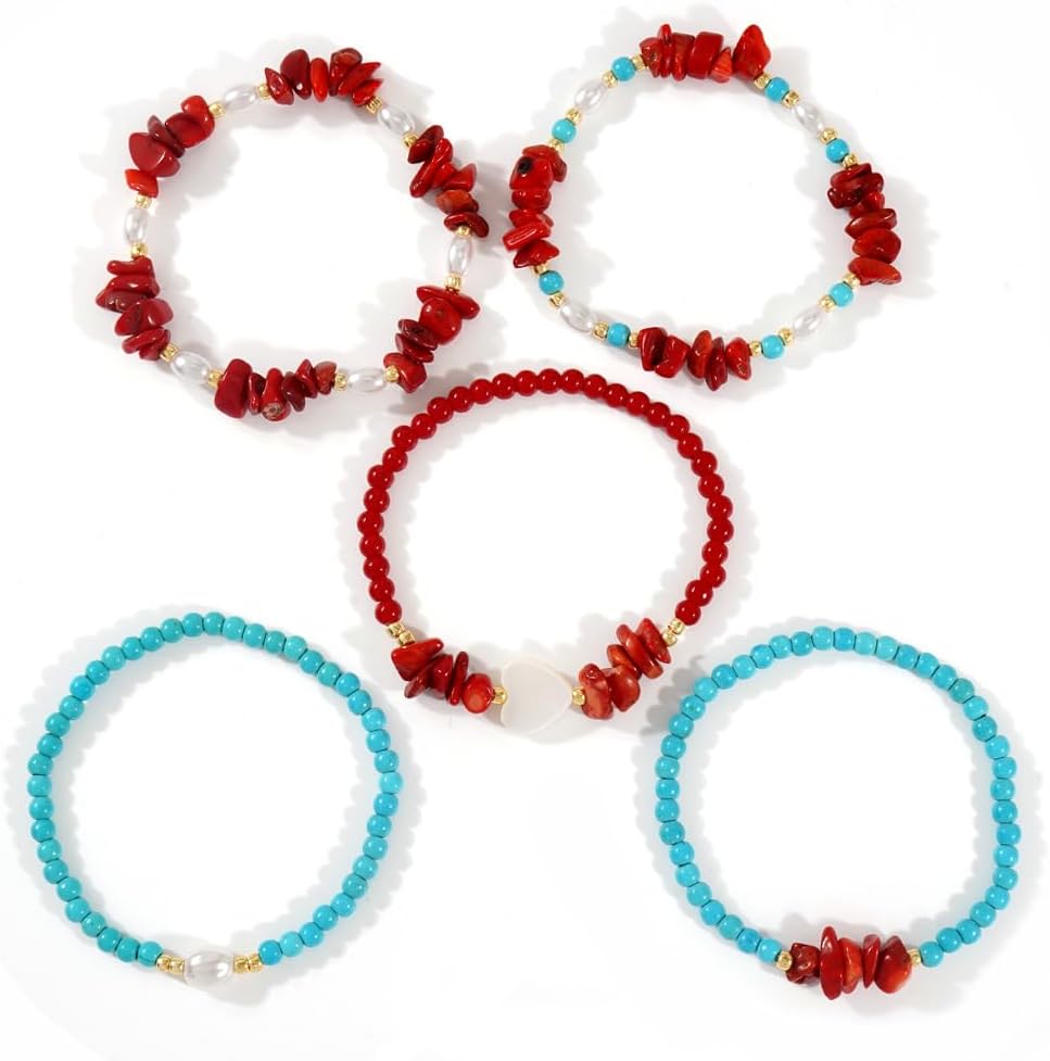 Red Jasper Turquoise Beads Stackable Elastic Bracelet for Women,5PCS/set Pearl White Heart Stack Bracelets Charm Accessories Fashion Jewelry Gifts - Image 2