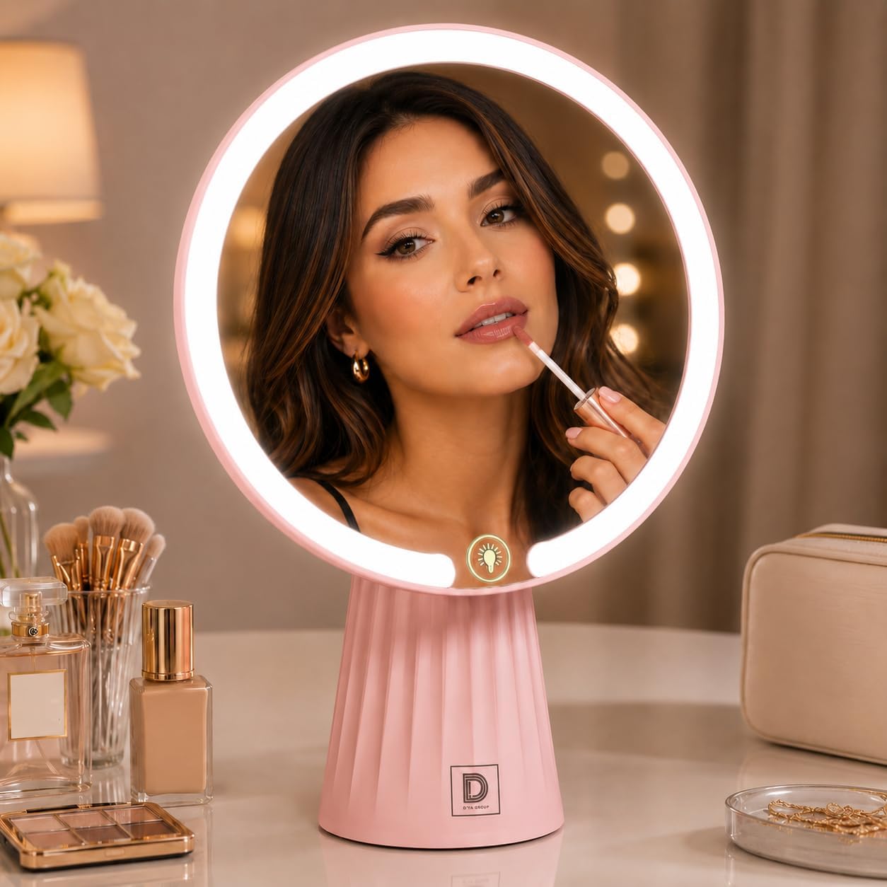 SuperGift.com Pink LED Lighted Vanity Makeup Mirror with Touch Control, Dimmable Tabletop Cosmetic Mirror, Modern Round Desk Mirror for Makeup & Skincare, 35 cm