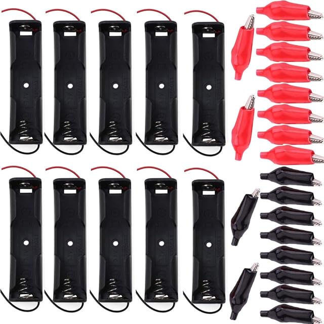 RUNCCI-YUN 10 pcs 18650 Battery HolderAA 3.7V Battery holder case Plastic battery holderwith Wire Leads battery holderBlack+10 pcs Metal Insulation Clip Battery Alligator Clip Clamps