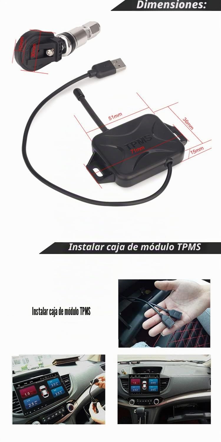 ES342 USB Universal TPMS Module Sensor de presión de neumáticos con 4 sensores internos, pantalla de control de presión de neumáticos para Android 8.1 + radios de coche