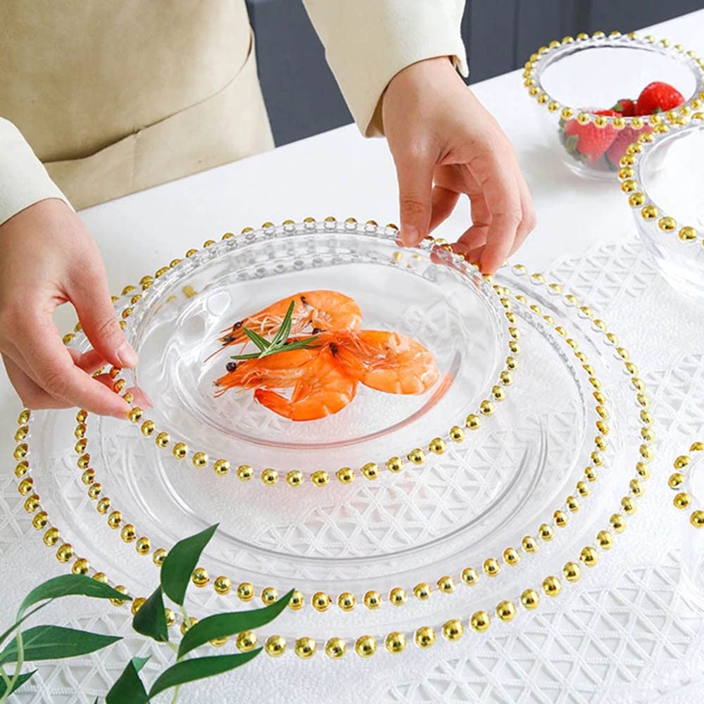 AILIFE Plato de cena decorativo de 13 pulgadas con cuentas de oro moderno europeo de vidrio transparente para carne, bandeja de servir para el hogar, cocina y cubiertos