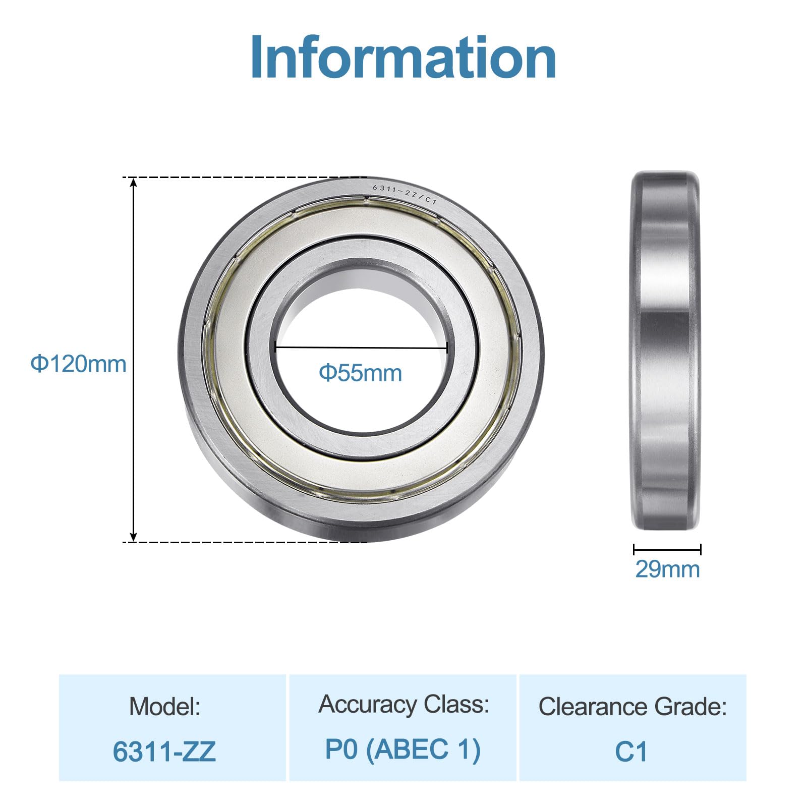 Rodamiento Rígido de Bolas 6311-ZZ 55x120x29mm con Holgura C1, Rodamientos de Acero Cromado ABEC1 de Doble Blindaje, Una Hilera