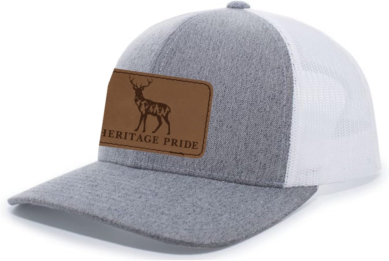 Heritage Pride Scenic Deer Engraved Leather Patch Mens Trucker Hat Baseball Cap