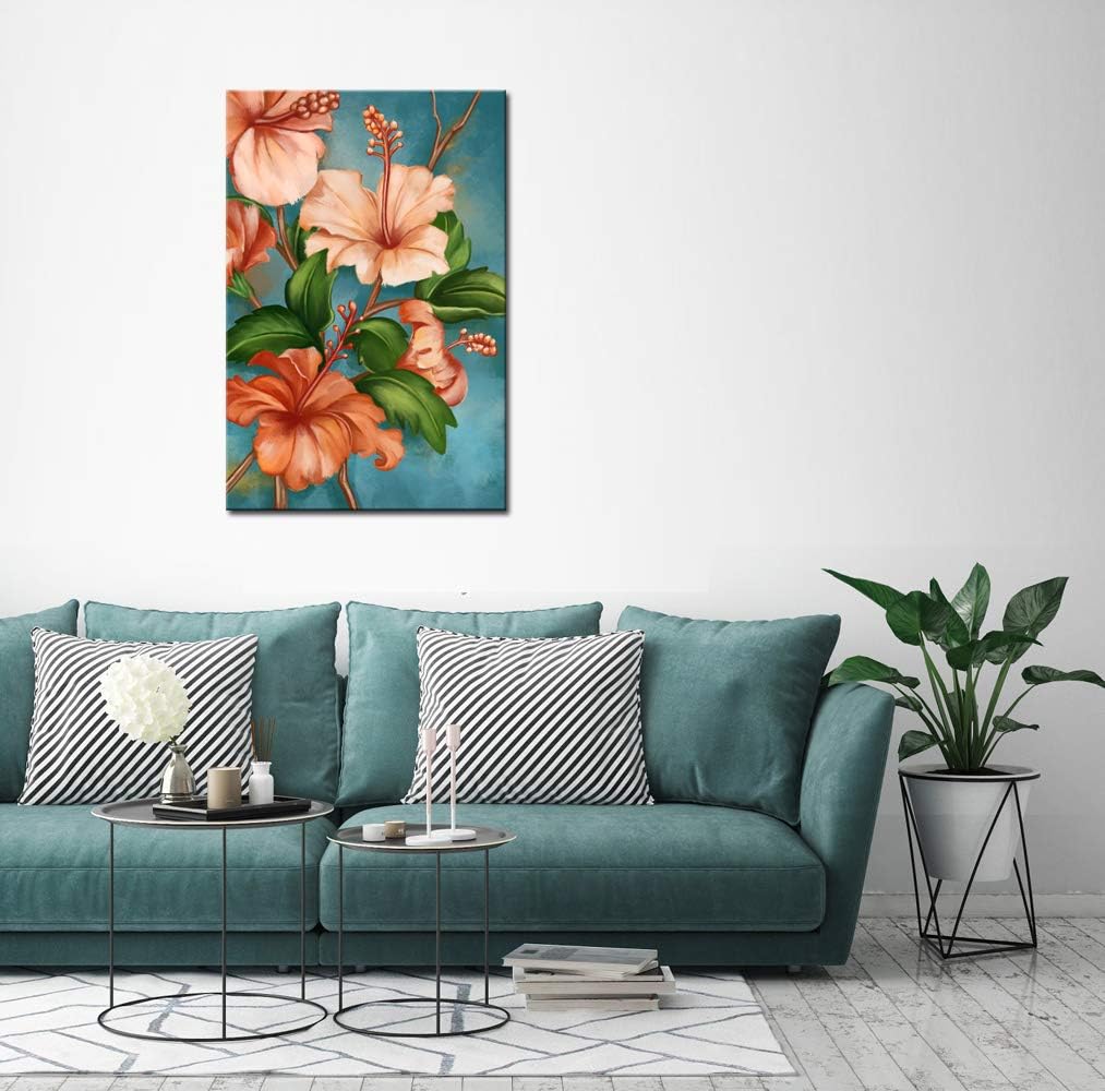 LevvArts Orange and Teal Wall Decor Hawaiian Hibiscus Flower Paintings Picture Tropical Floral Canvas Art for Living Room Kitchen Decoration 24"x36"