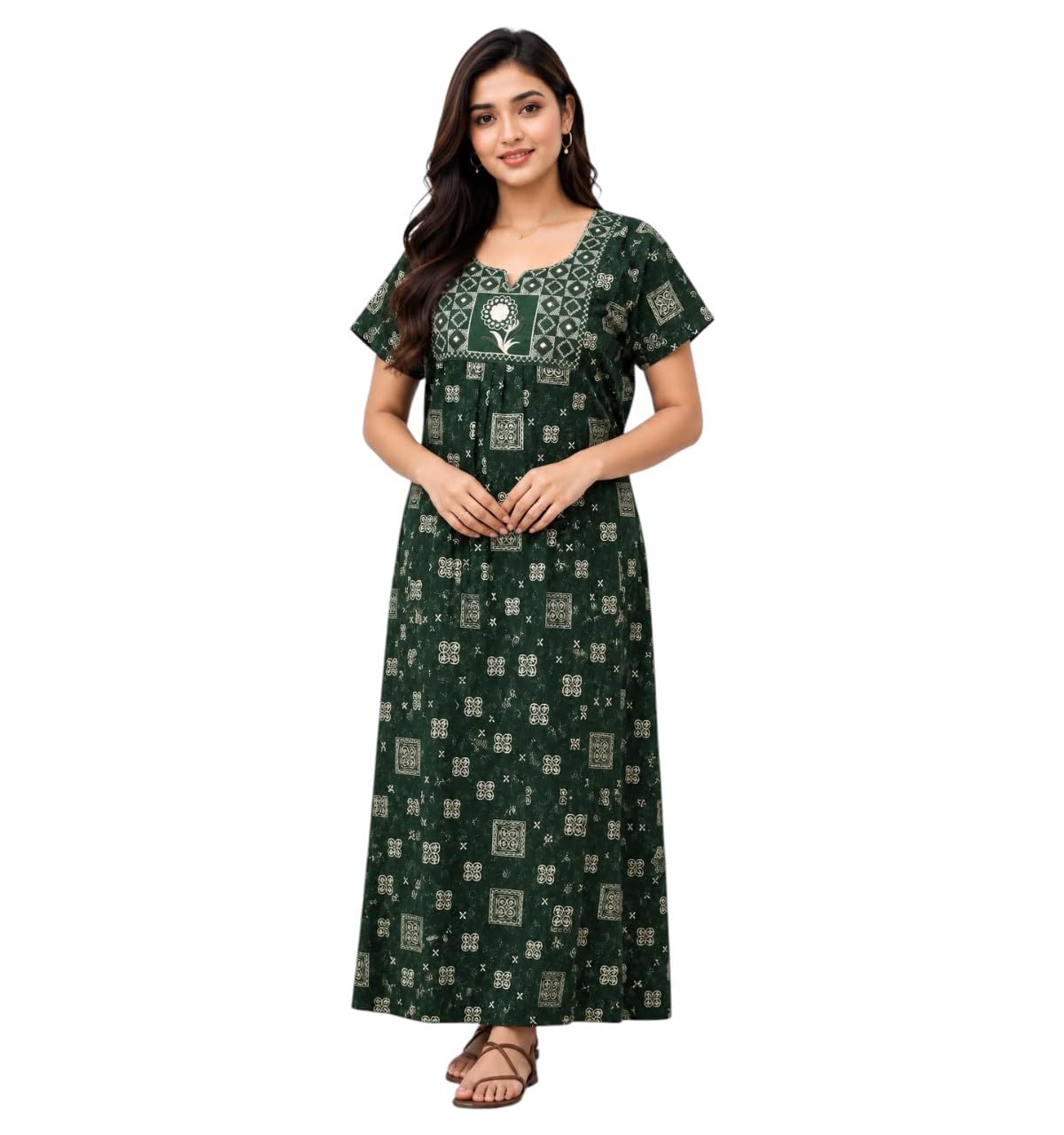 Pure Cotton Embroidery Nighty for Women Jaipuri Print Short Sleeve Maxi Gown Soft Breathable Full-Length Nightdress with Pocket Maxi Sleepwear Night Gown Daily Use-picture-14