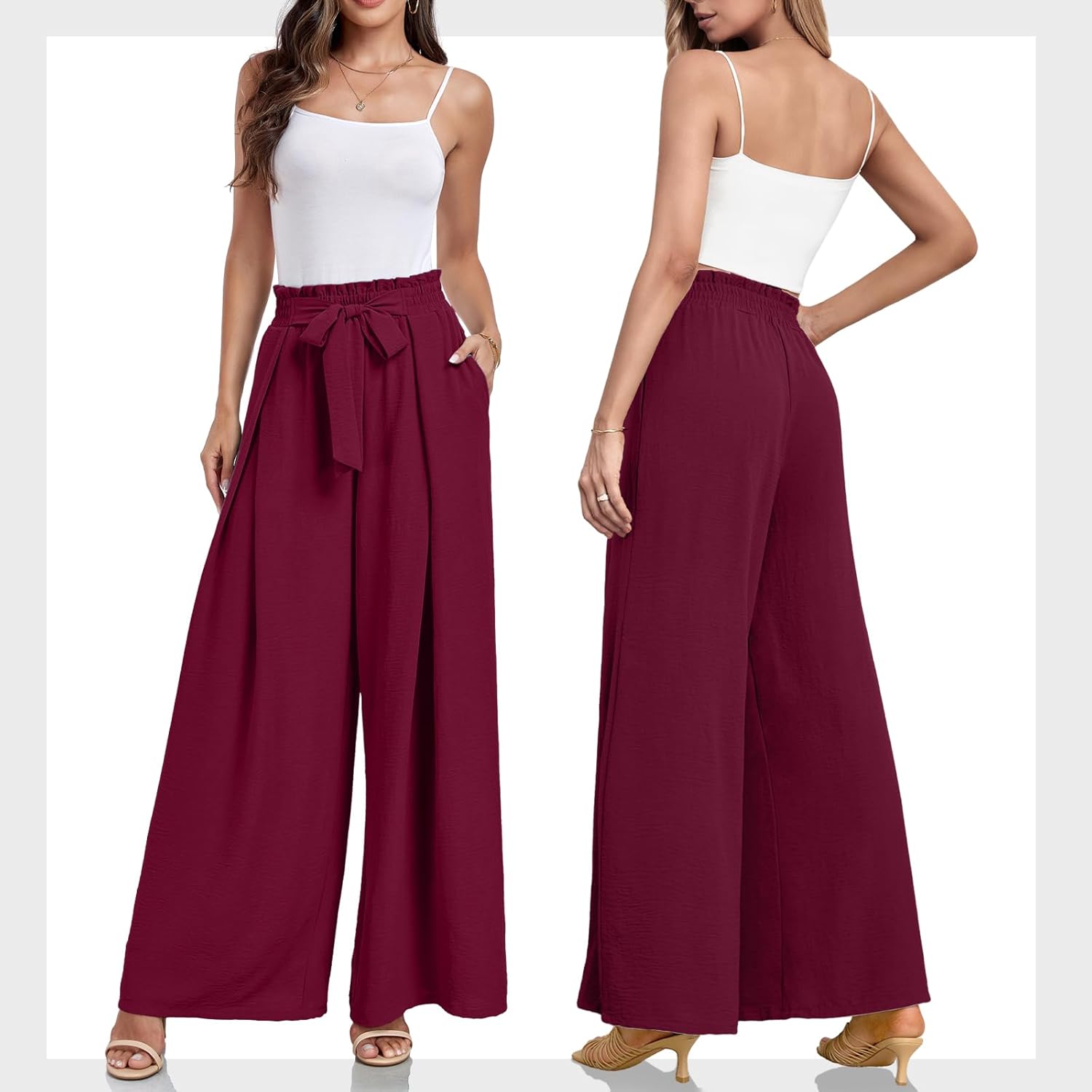 Lepunuo Wide Leg Pants for Women High Waisted Palazzo Pants Work Casual Flowy Tie Knot Trousers with Pockets - Image 5