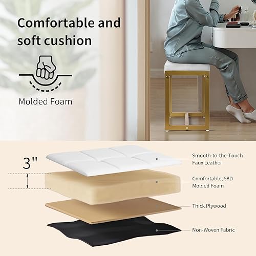 Miniatura 5 de Taburete de tocador, taburetes de silla de tocador para sala de maquillaje, banco de maquillaje pequeño de piel sintética, patas modernas de metal
