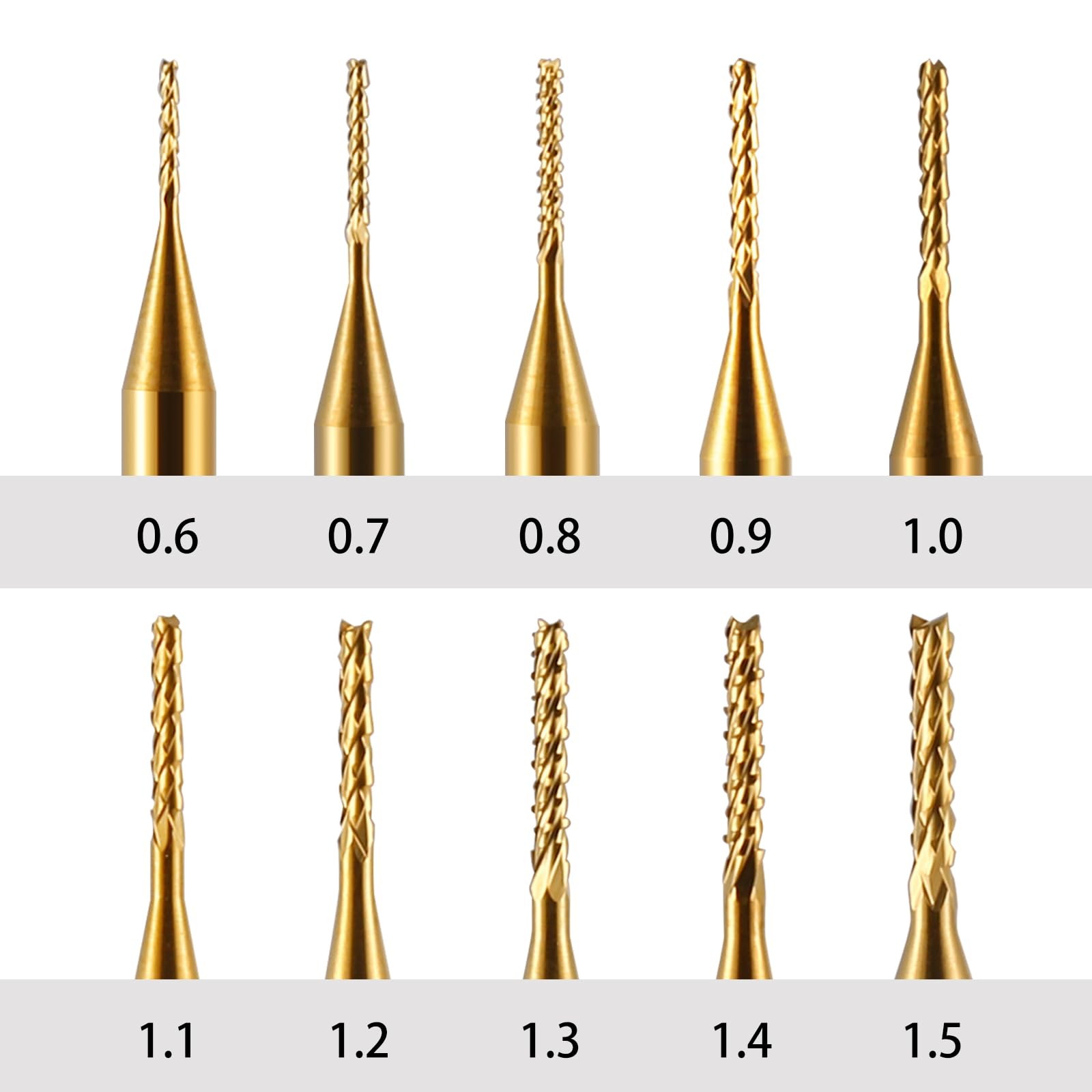 10 Stücke Hartmetall Schaftfräser, 1/8 Schaft Titan Coat CNC Fräser Stückchen Fräser Schnitzsatz, Stirnfräser Drehgrat Werkzeug Gravur Bits für PCB/SMT/Hartholz/Leiterplatte/Faser, 0,6-1,5mm