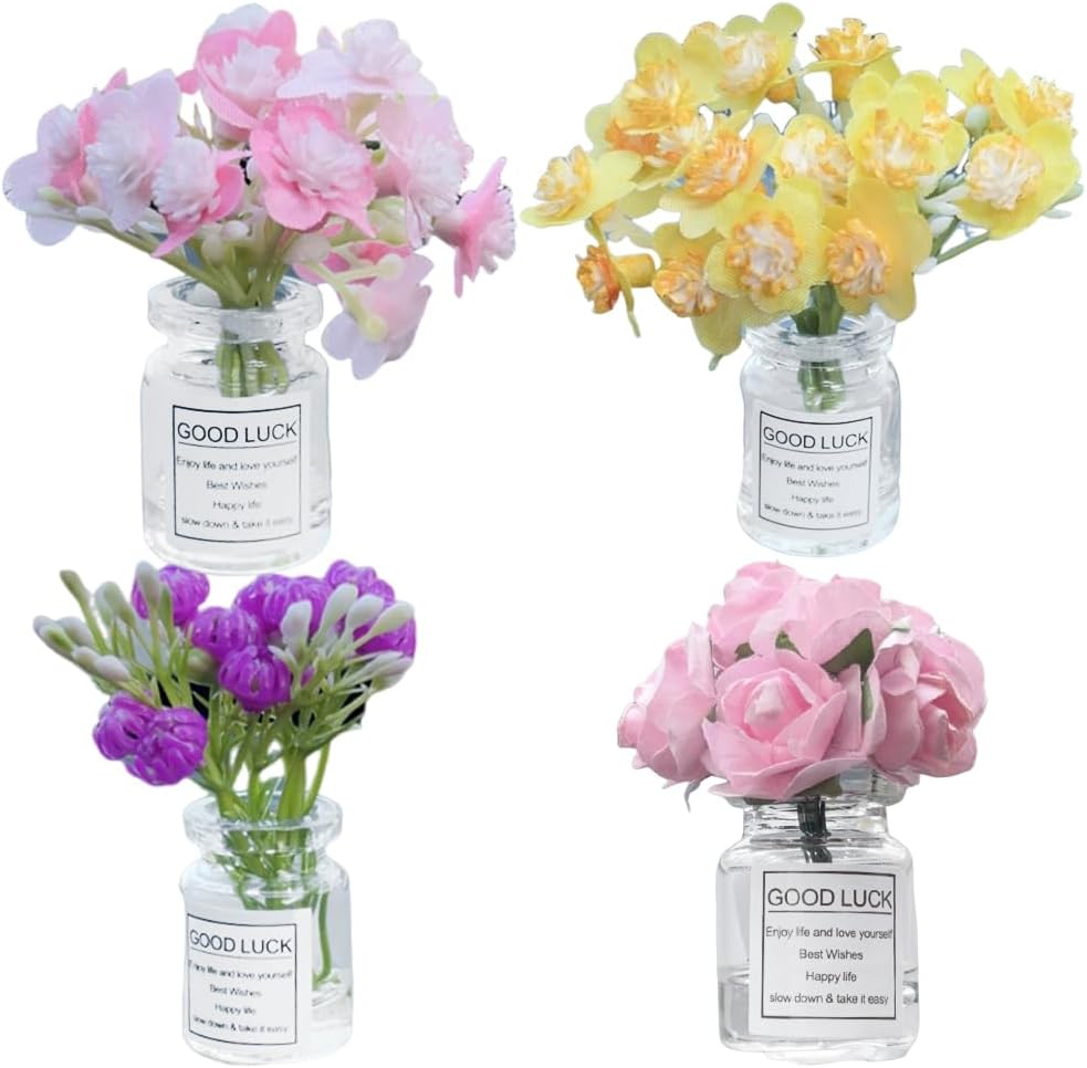 JOONOR Set of 4 Cute Mini Jasmine Rose Flower Vase Car Dashboard Decorations Self-Adhesive Mini Vase with Artificial Flowers Ornaments Car Interior Accessories, Jasmine+Cherry Blossom+Rose