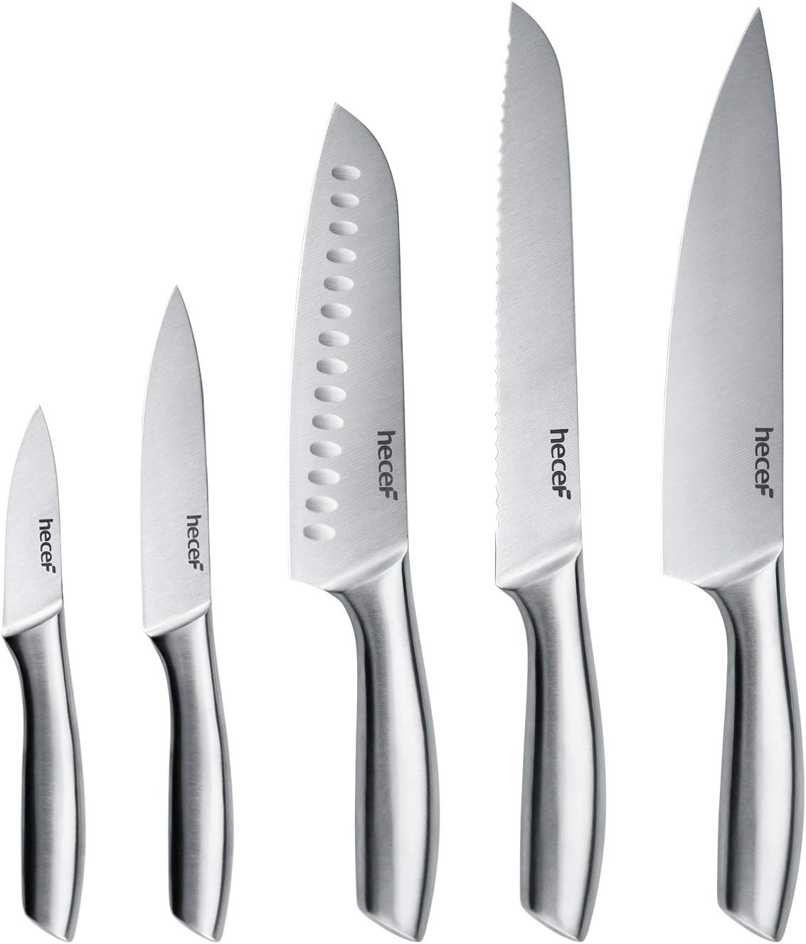hecef Premium Kitchen Knife Set of 5, Satin Finish Blade with Hollow Handle, Includes 8" Chef, 8" Bread Knife,8" Santoku,5" Utility & 3.5" Paring Knife