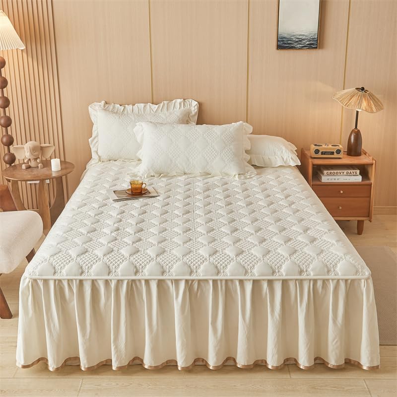 Plaid Quilted California King Size Ruffled Bedspread Set Washable Cotton Bed Coverlet and 2 Pillowcases, Champagne