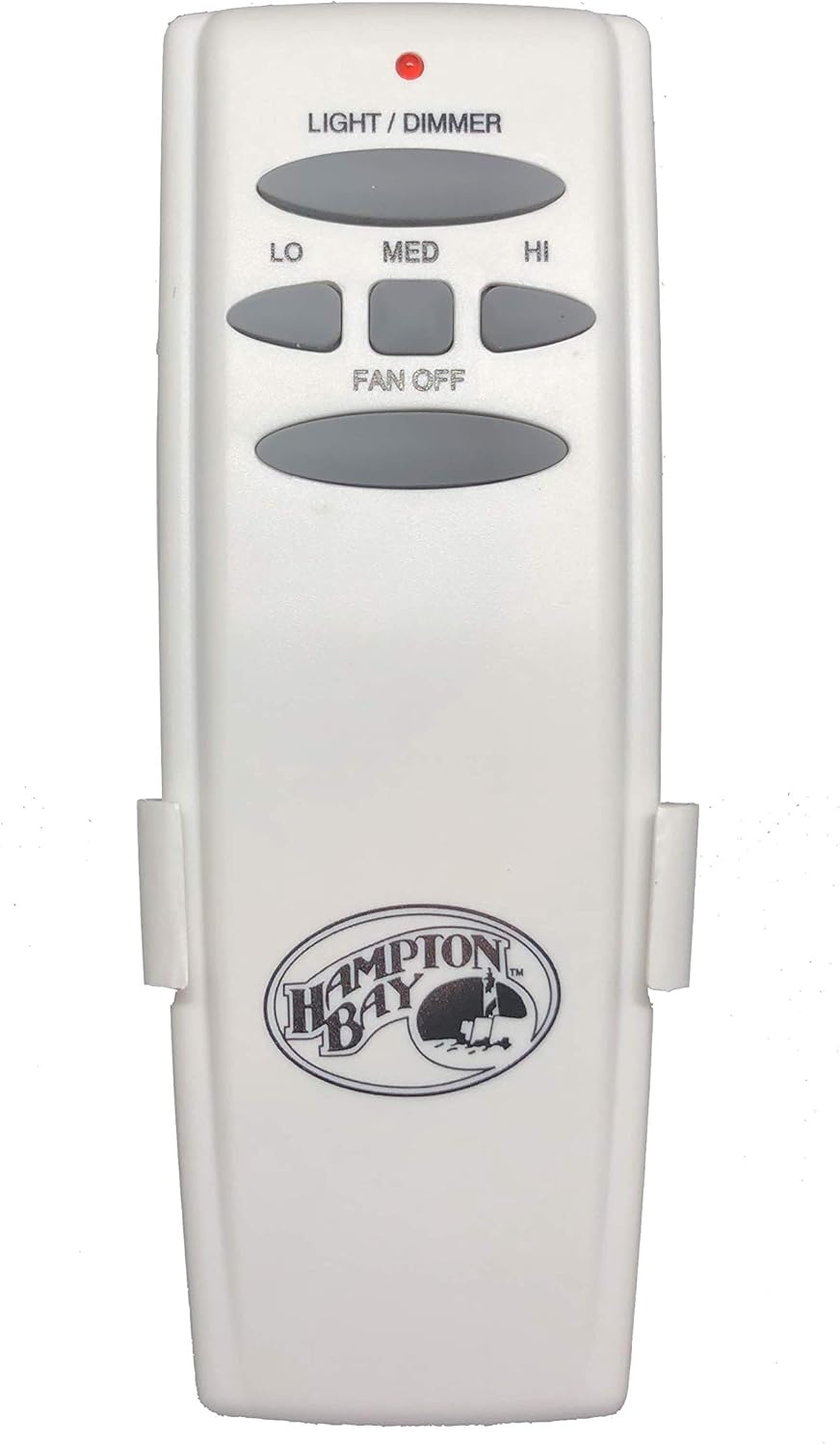 Hampton Bay UC7078T ceiling fan remote control, white with gray buttons.
