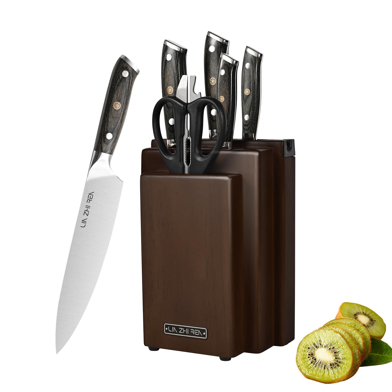 Messerblock Set 8 Teilig mit Messerschärfer, Edelstahl Küchenmesser Set mit Holz Messerblock, Kochmesser 20 cm, Brotmesser, Santokumesser, Universalmesser, Schälmesser, Küchenschere