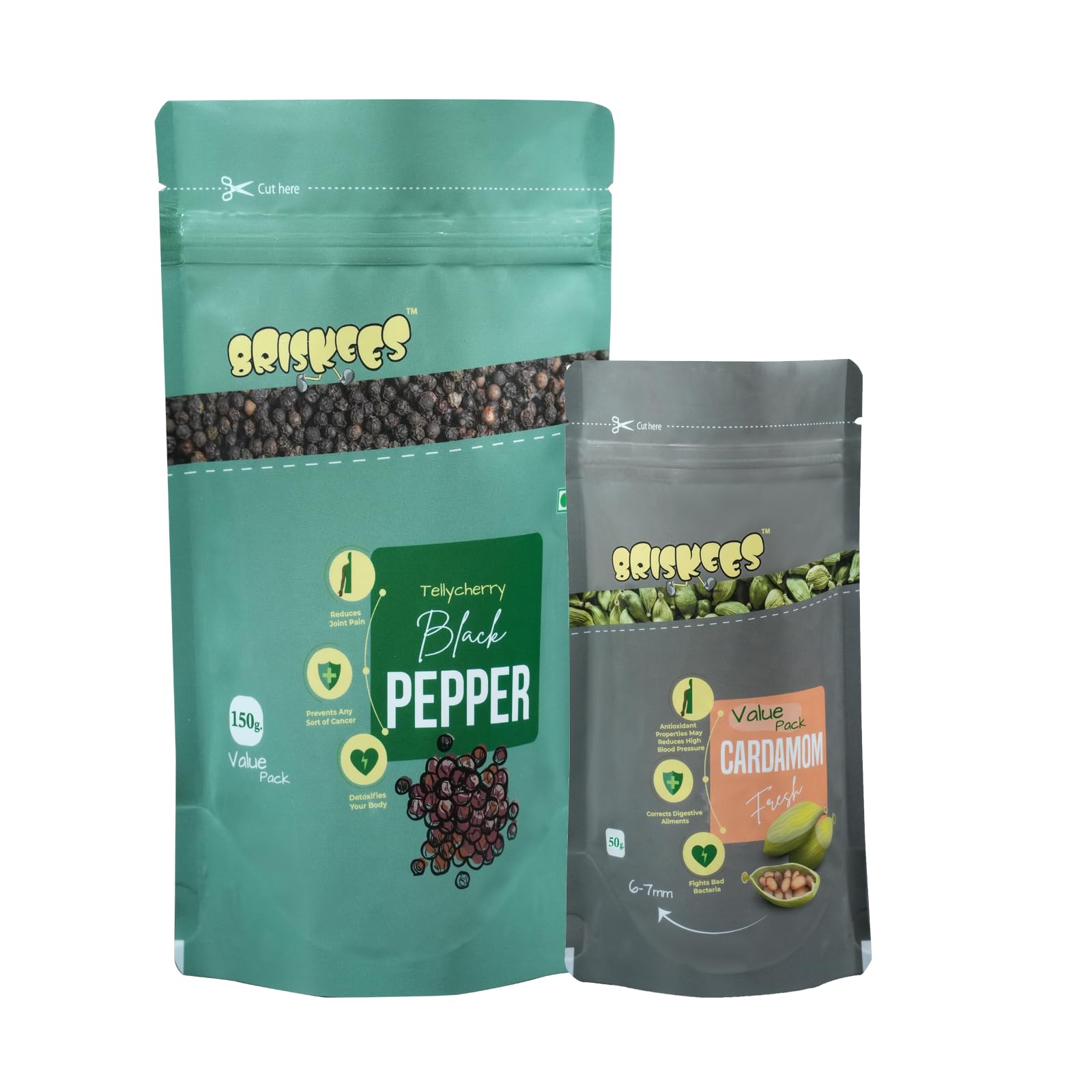 Briskees Combo Value Pack-Tellichery Black Pepper Kali Mirch 150 Gram + Green Idukki Cardamom Elaichi 50 Gram-Kerela Whole Spices For Tea, Cooking, Masala, Marinades (B0CNZJ82CF) Amazon Price History, Amazon Price Tracker