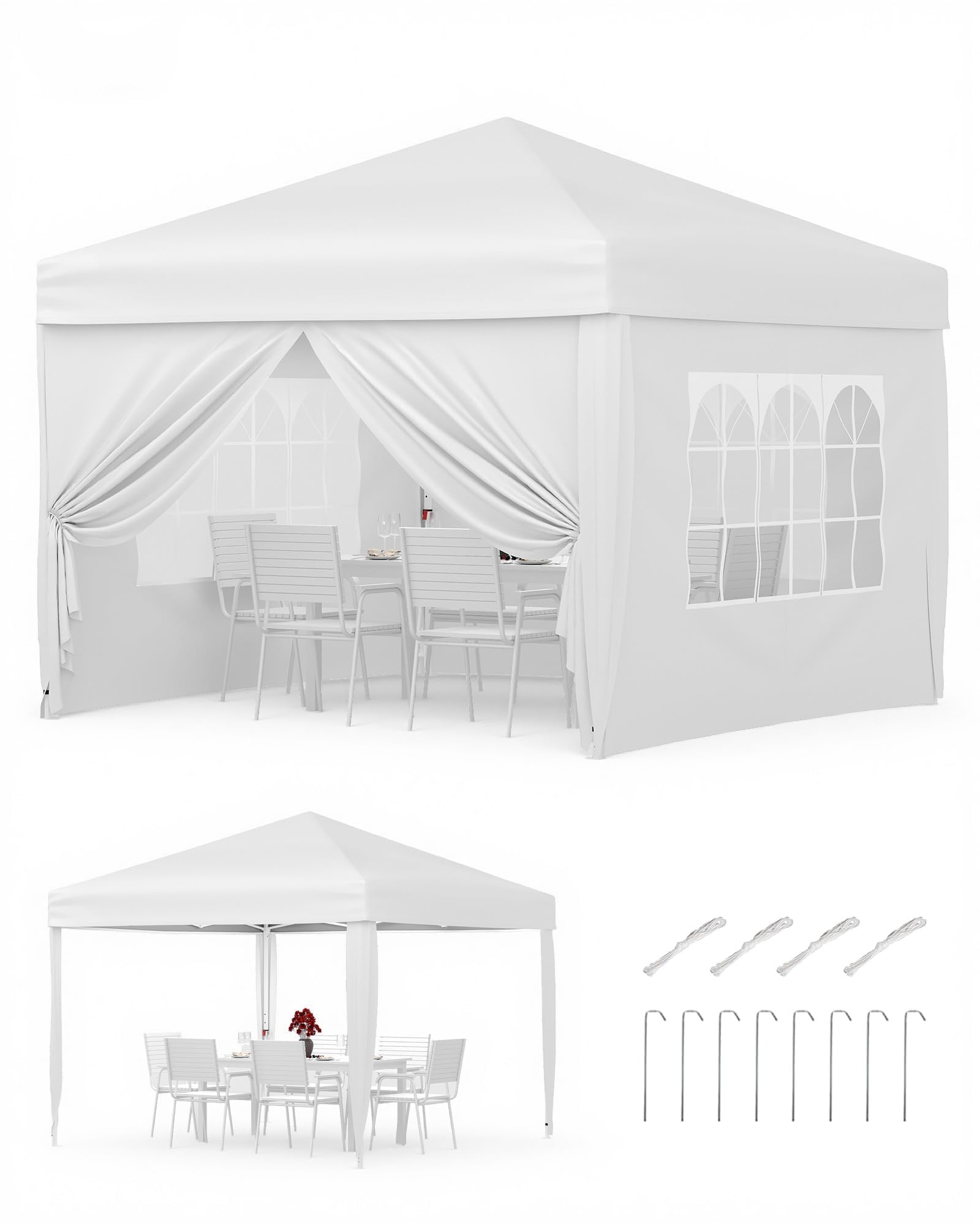 Tonnelle Pliante 3x3 Ht 2,7m Imperméable Fenêtres Église UV50+, Blanc