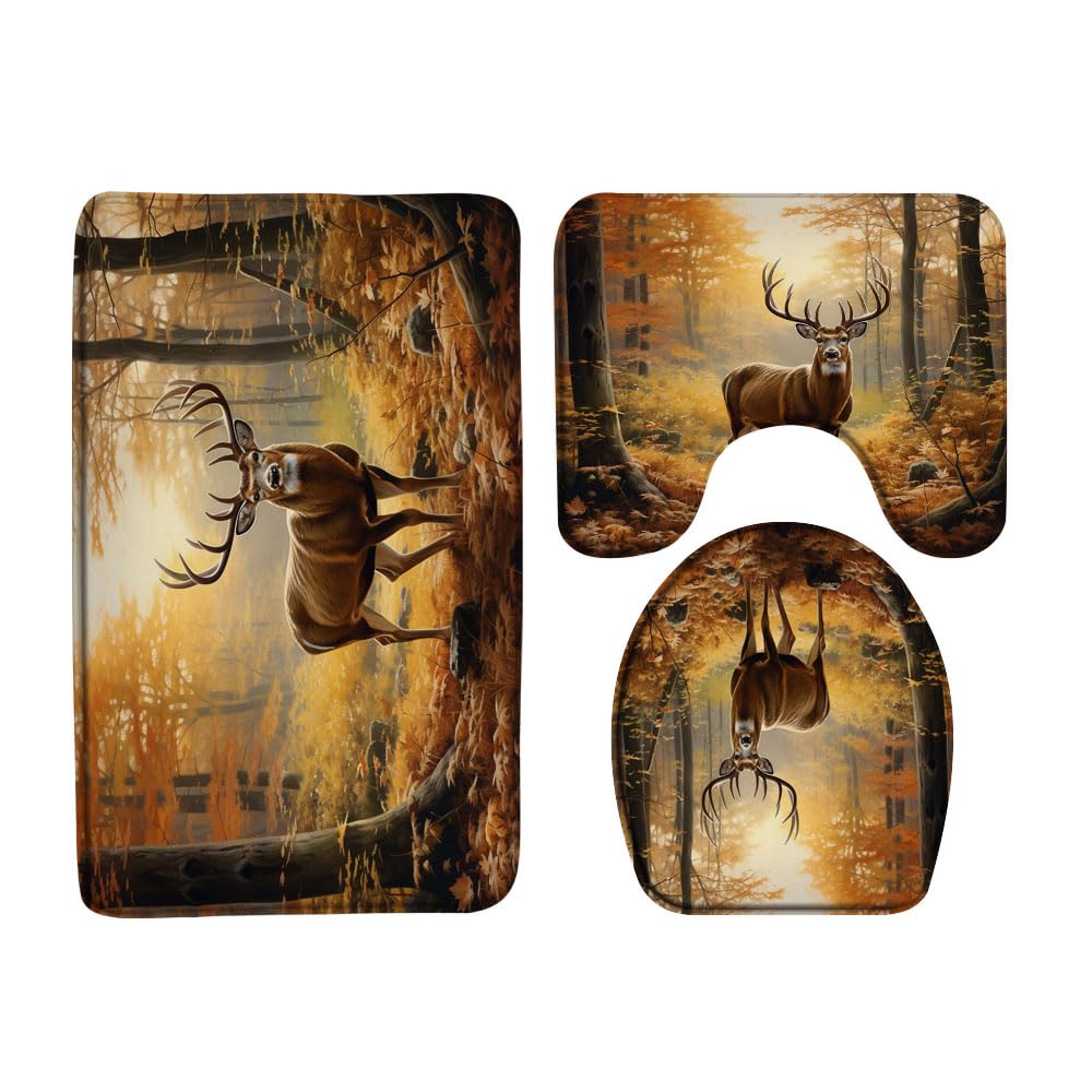 VPUPCN Fall Deer Forest 3 Pcs Bath Rugs Set,Whitetail Elk Wildlife Animal Rustic Cabin Autumn Hunting Nature Bathroom Kitchen Rug with 16