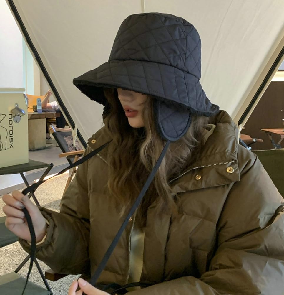 Quilted Bucket Hat Winter Warm Hat for Woman Down Padding Bucket Cap Fishing Hat Thick Plush Earflap Fisherman Bucket Hats