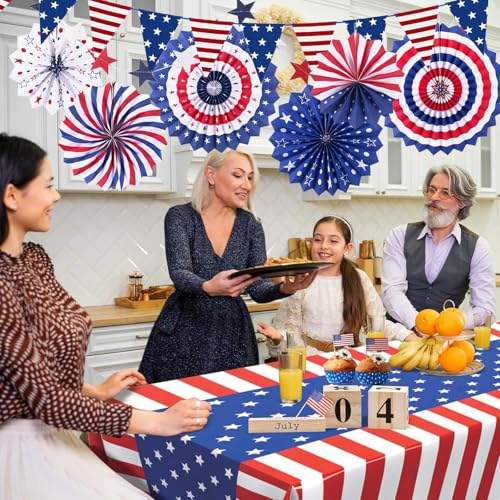 Image of 9PCS 4th of July Decorations Red White and Blue Paper Fans, USA Pennant Bunting, Star Streamers, Patriotic Tablecloth for Fourth of July Party Supplies, Memorial Day Veterans Day Patriotic Decor