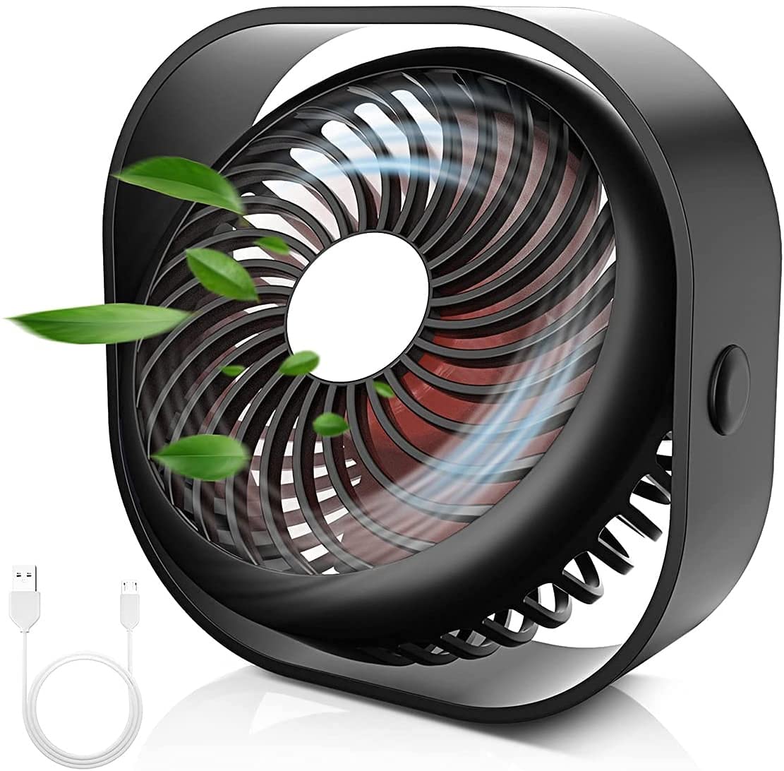 USB Desk Fan, Fixget Portable Mini Desktop Cooling USB Fan with 3 Speeds Strong Wind and 360° Rotation, Quiet Design Personal Fans for Home Office Car Outdoor Travel (Black)