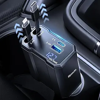 スペーシア車 充電器 シガーソケット対応Spacia mk53s mk54s MK94S 新型 | 4in1設計 4台同時使用 66W急速充電 カーチャージャー 巻き取り式 充電ケーブル 80cmケーブル しがーソケット 12V-24V対応 充電 高温/電流/電圧保護 iPhone/Android/MacBook Air/iPad
