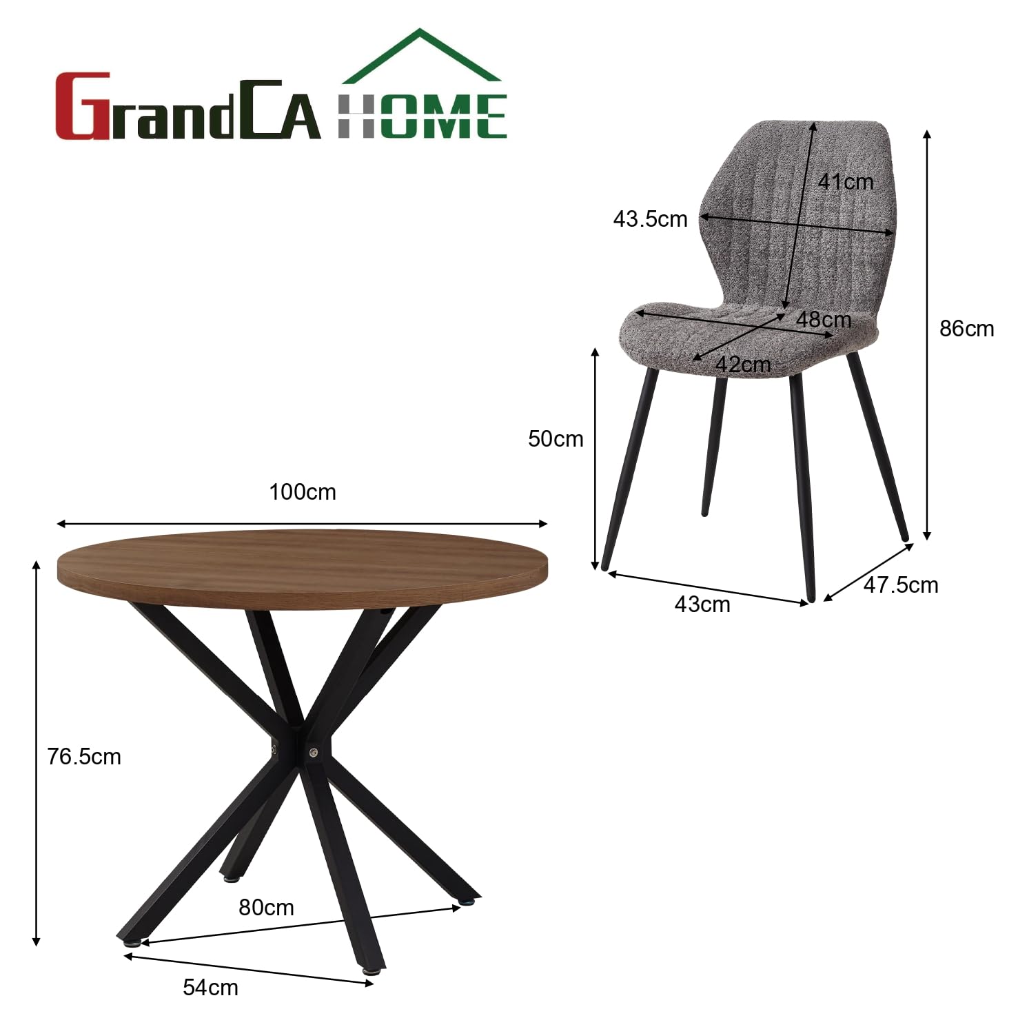 GrandCA HOME Juego de Mesa y Sillas de Comedor, Mesa de Comedor Redonda de 100 CM y 4 Sillas Modernas de Lino, para Comedor, Cocina, Sala de Estar (Oscuro + Gris)