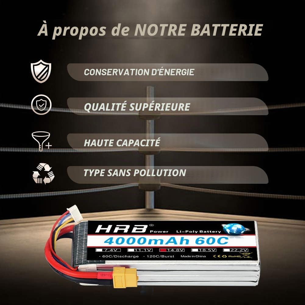 HRB 2PCS 4S 14.8V 4000mAh 60C Lipo Batterie avec XT60 Plug pour RC Hélicoptère Avion Voiture Bateau Camion