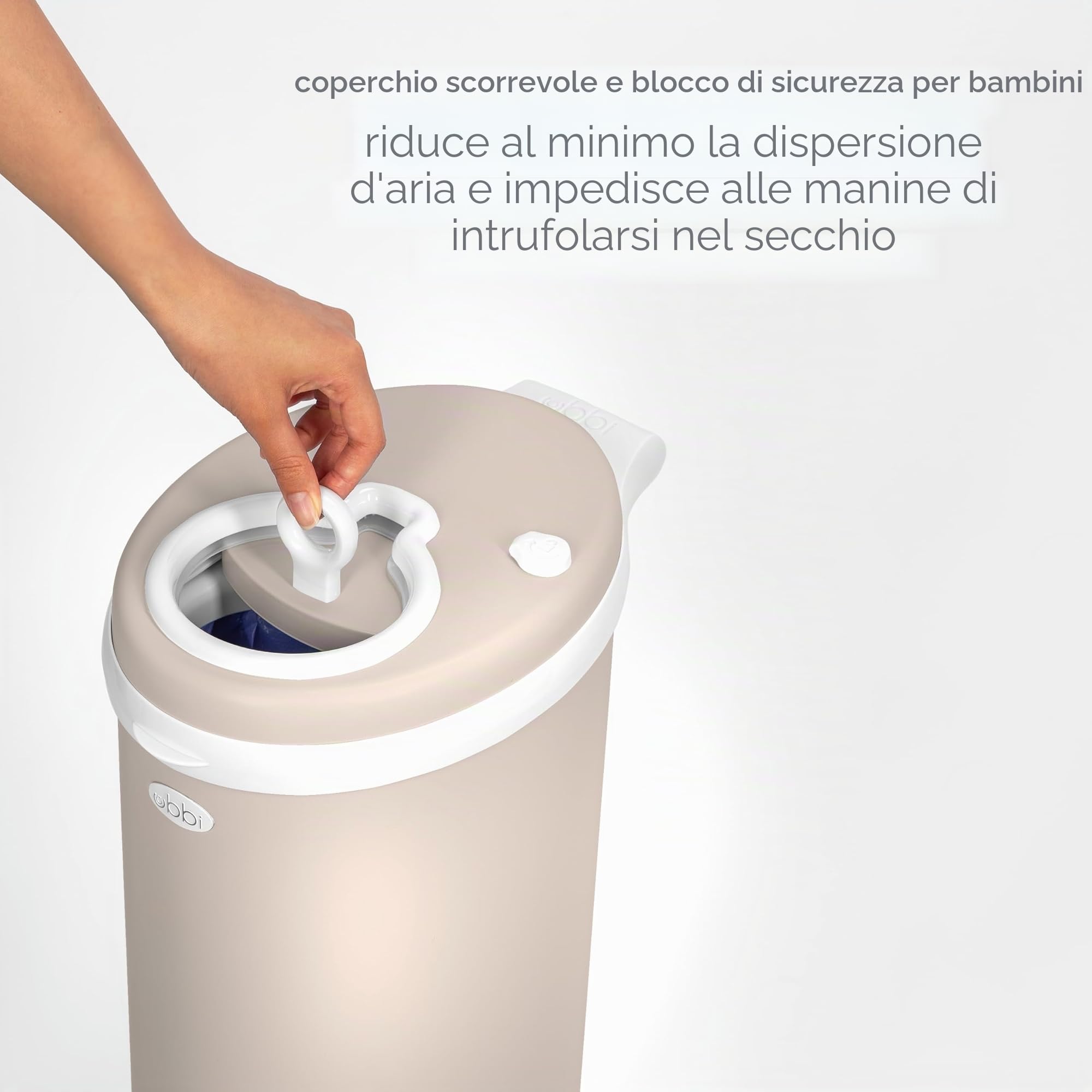 Ubbi 10037 Bidone per Pannolini Inodore in Acciaio, con Coperchio Scorrevole e Chiusura di Sicurezza, Tortora