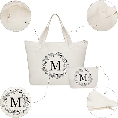 Miniatura 2 de Bolsa de lona personalizada con inicial con cremallera, bolsa de regalo con bolsillo interior y bolsa de maquillaje, gran regalo para mujeres, mamá,