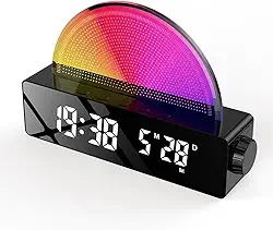 Relógio Despertador Simulador de Nascer do Sol Matinal com 2 Modos Acordar Display Espelho LED Ajuste Múltiplas Cores Brilho Luz Noturna Ambiente para Decoração Casa Quarto Sala Estar Presentes Férias