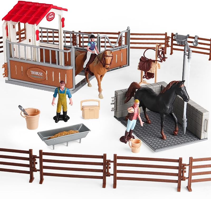 RCOMG Horse Stable Figurines Playset, 31 Pieces Horse Club with Horse Wash Area and Fence Figures, Barn Horse Toys Gift for Girls and Boys 3 4 5 6 7 8