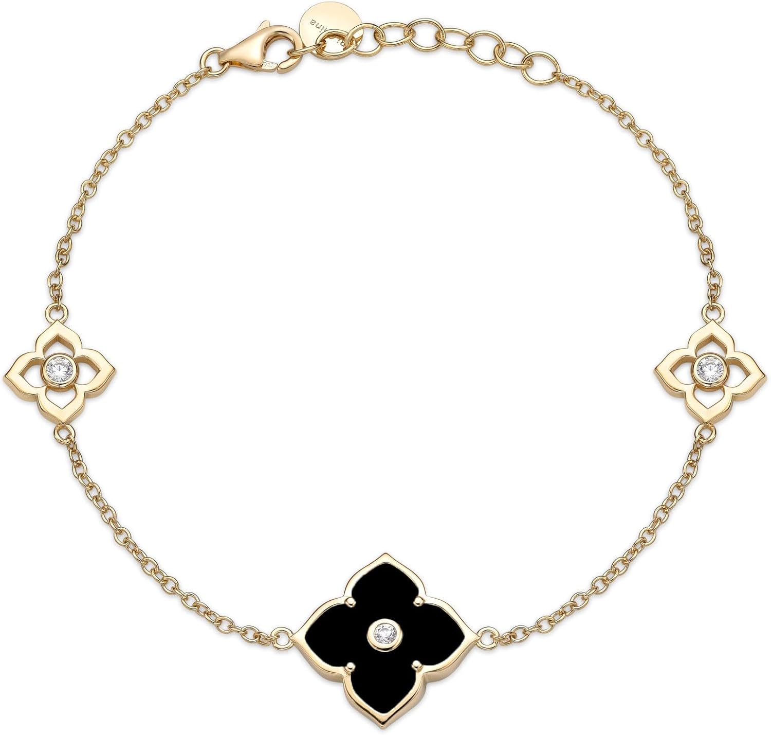 Lavari Jewelers Malachite, Black Onyx or Mother of Pearl and Cubic Zirconia Flower Bracelet for Women in 925 Sterling Silver with Gold Plating 7 to 8 Inches Adjustable Lobster Claw