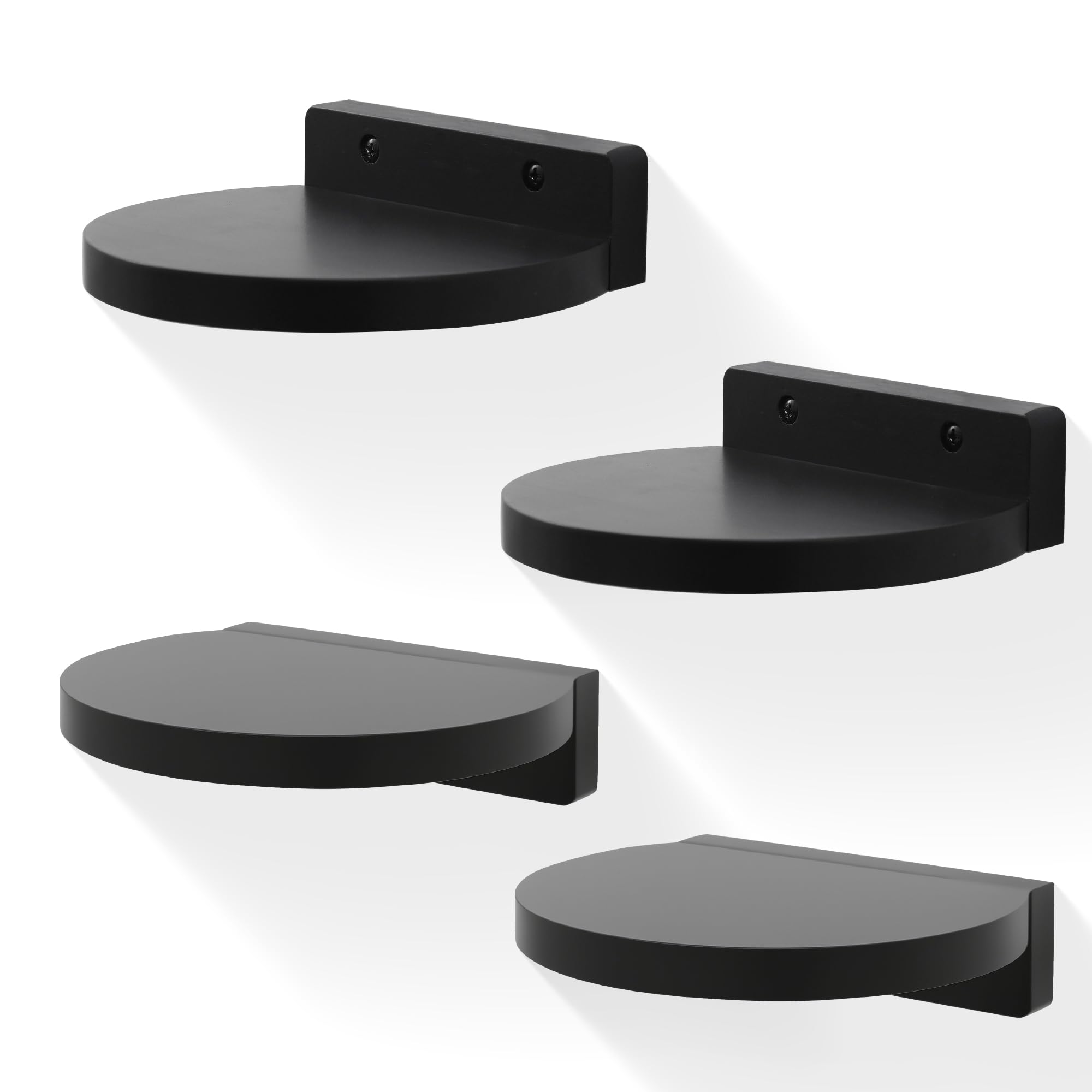 SEEKMOO Round Small Floating Shelves,Mini Wall Shelf for Speaker Plants Storage Display Set of 4,Solid Wood Ledges Elegant for Living Rooms Bedroom Bathroom Offices Home Decor,15CM,Black