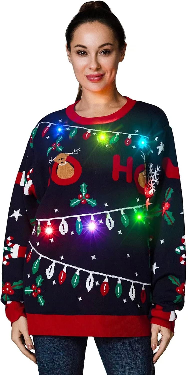 Unisex Women's Ugly Christmas Sweater LED Light Funny Novelty Knit Pullover (Small)