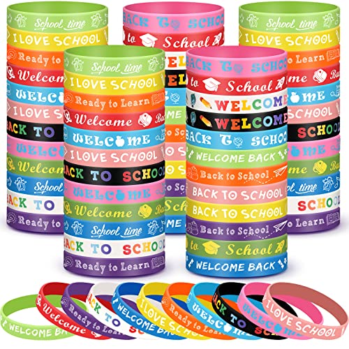 Libima 60 Pcs Welcome Back to School Bracelets Bulk Back to School Rubber Bracelets First Day of School Silicone Wristbands Back to School Gifts Goodie Bags Favors Class Rewards Party Supplies