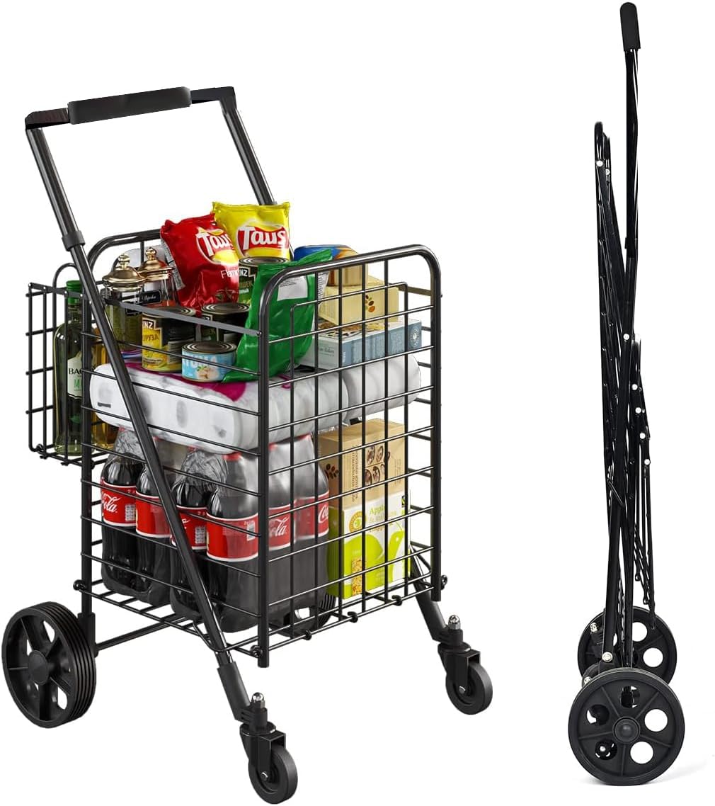SUNRISE Shopping Cart with Wheels for Groceries,Utility Cart Folding Cart for Convenient Storage Extra Basket,with 360° Rolling Swivel Wheels,Trolley for Laundry,Groceries,Travel (Big)