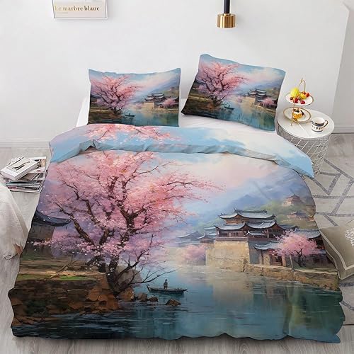 OmErsa Juego de funda de edredón de tamaño matrimonial de 3 piezas, funda de edredón de árbol de cerezo y 2 fundas de almohada de microfibra suave,