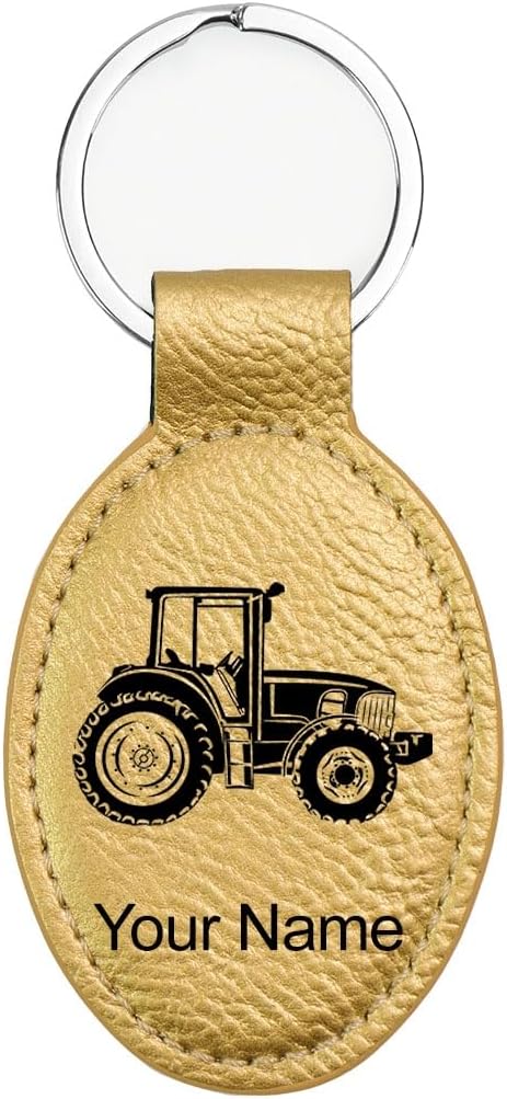 LaserGram Oval Keychain, Farm Tractor, Personalized Engraving Included