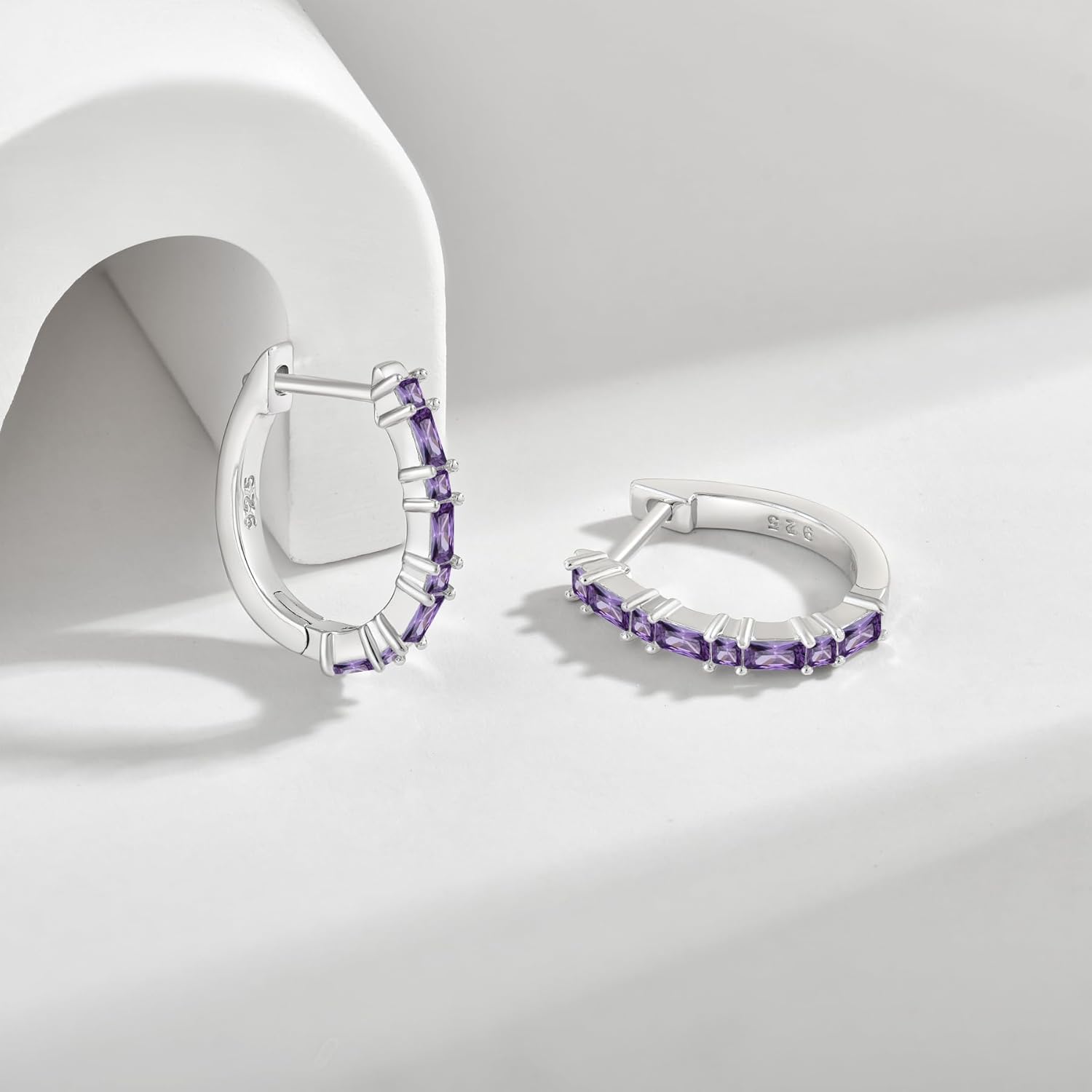 925 Sterling Silver Huggie Hoop Earrings for Women Emerald Cut Birthstones Jewelry Gift - Image 3